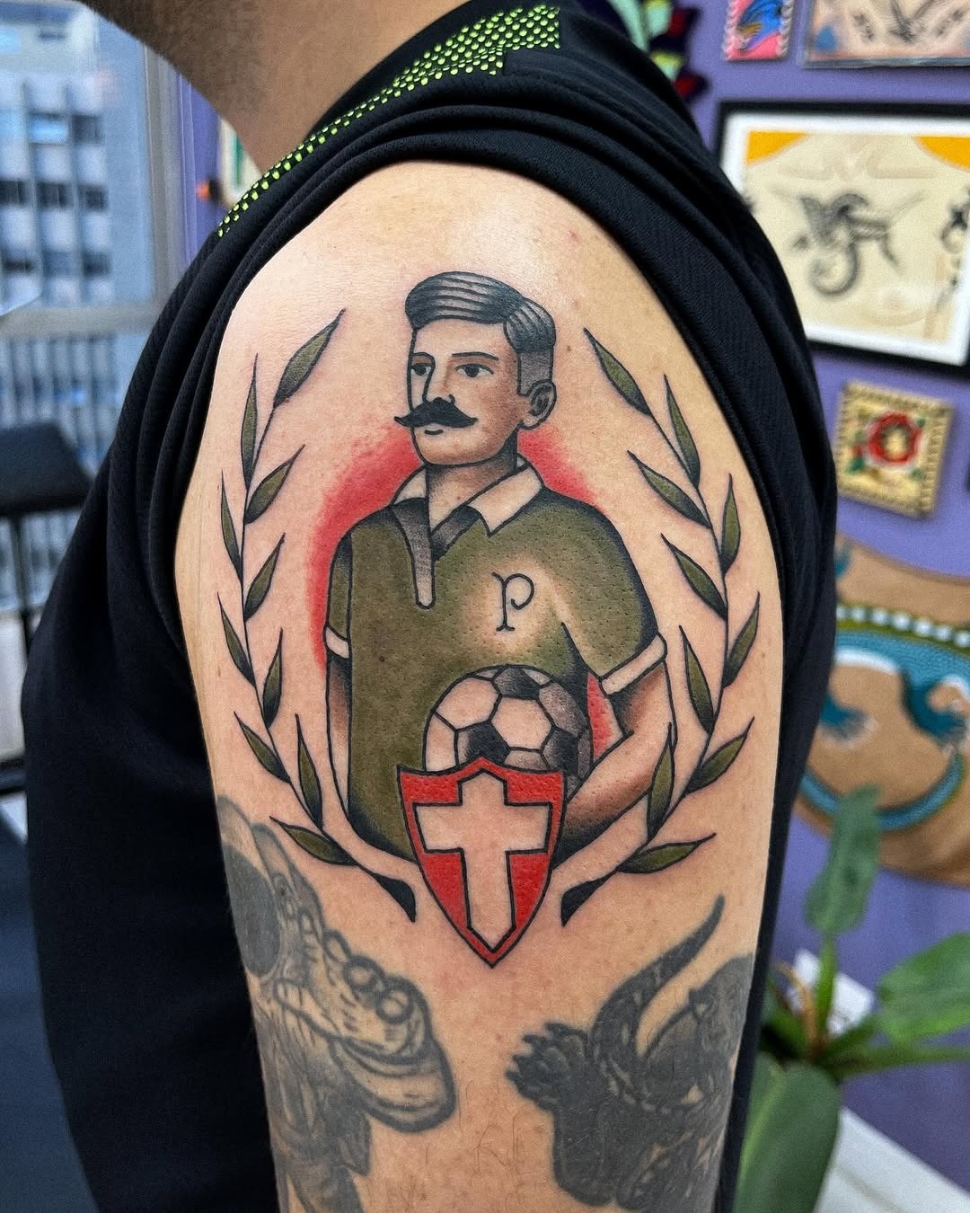 Vintage soccer player tattoo with ball design Tattoo Design