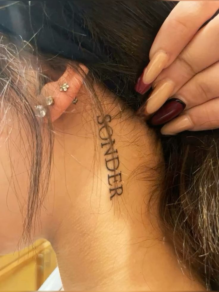 Behind Ear Vertical Sonder Script Tattoo Design