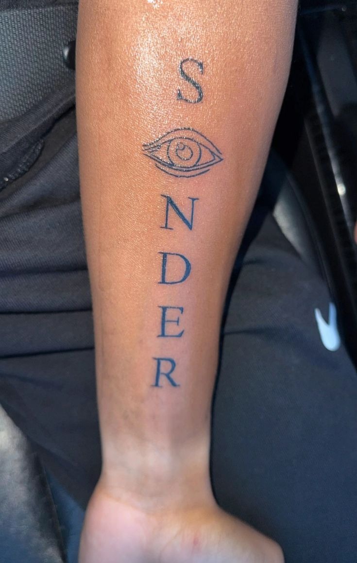 Vertical Sonder with Eye Motif Forearm Tattoo Design