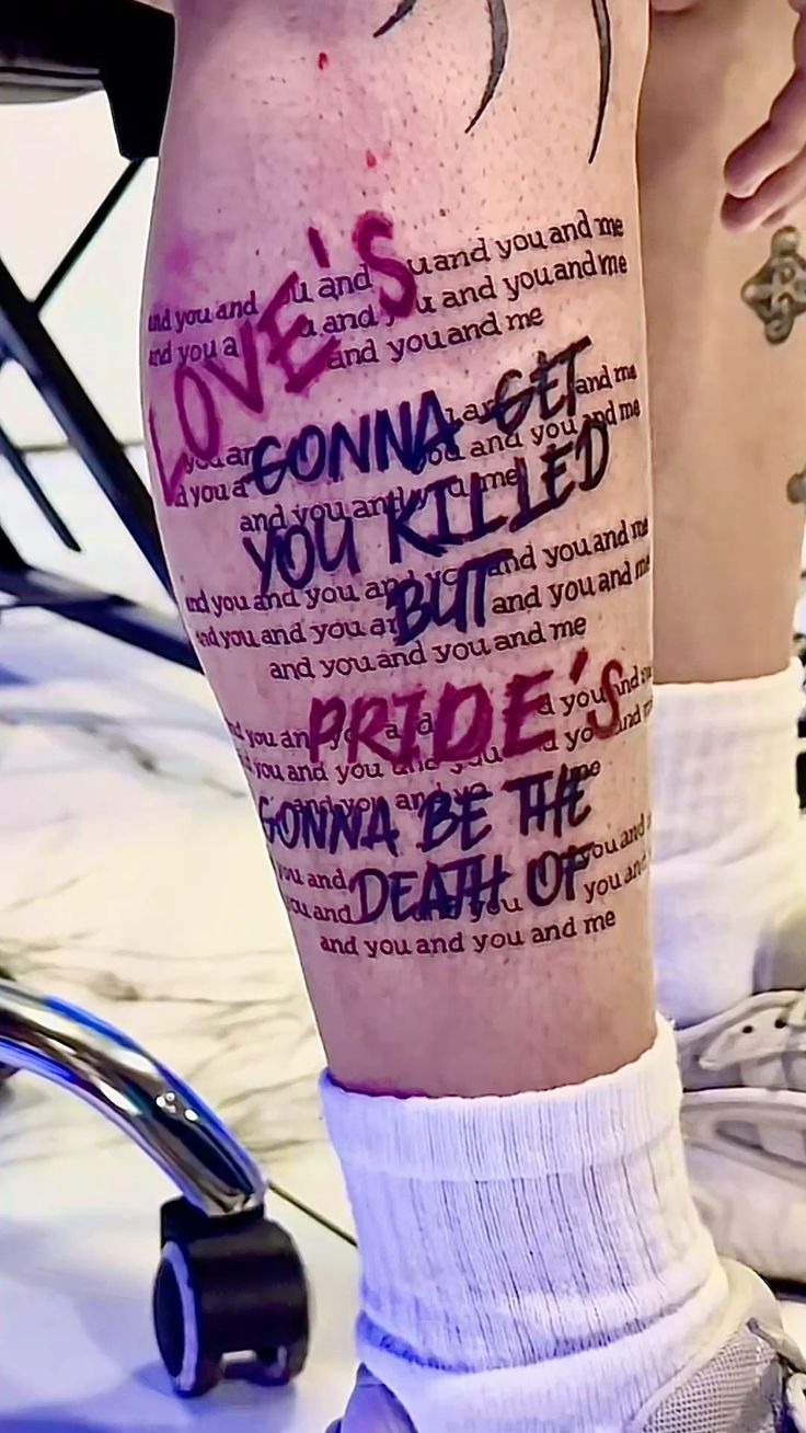 Layered Chaotic Lyric Tattoo with Raw Punk Attitude Tattoo Design