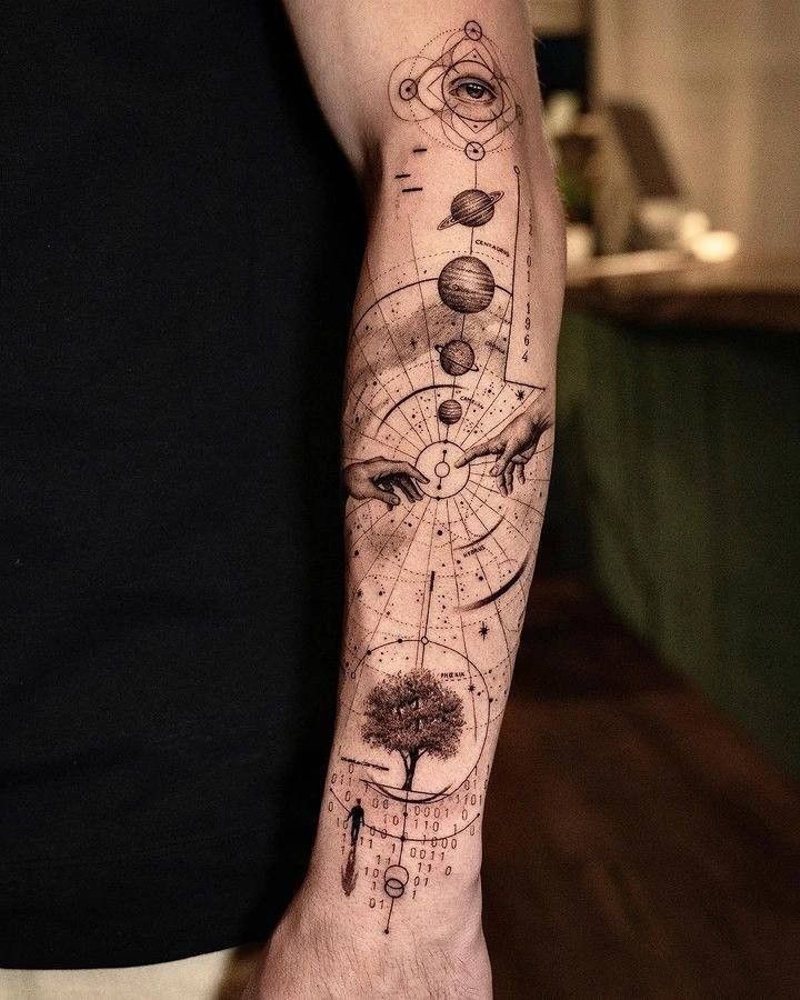 Cat Curled Into Saturn Tattoo Design