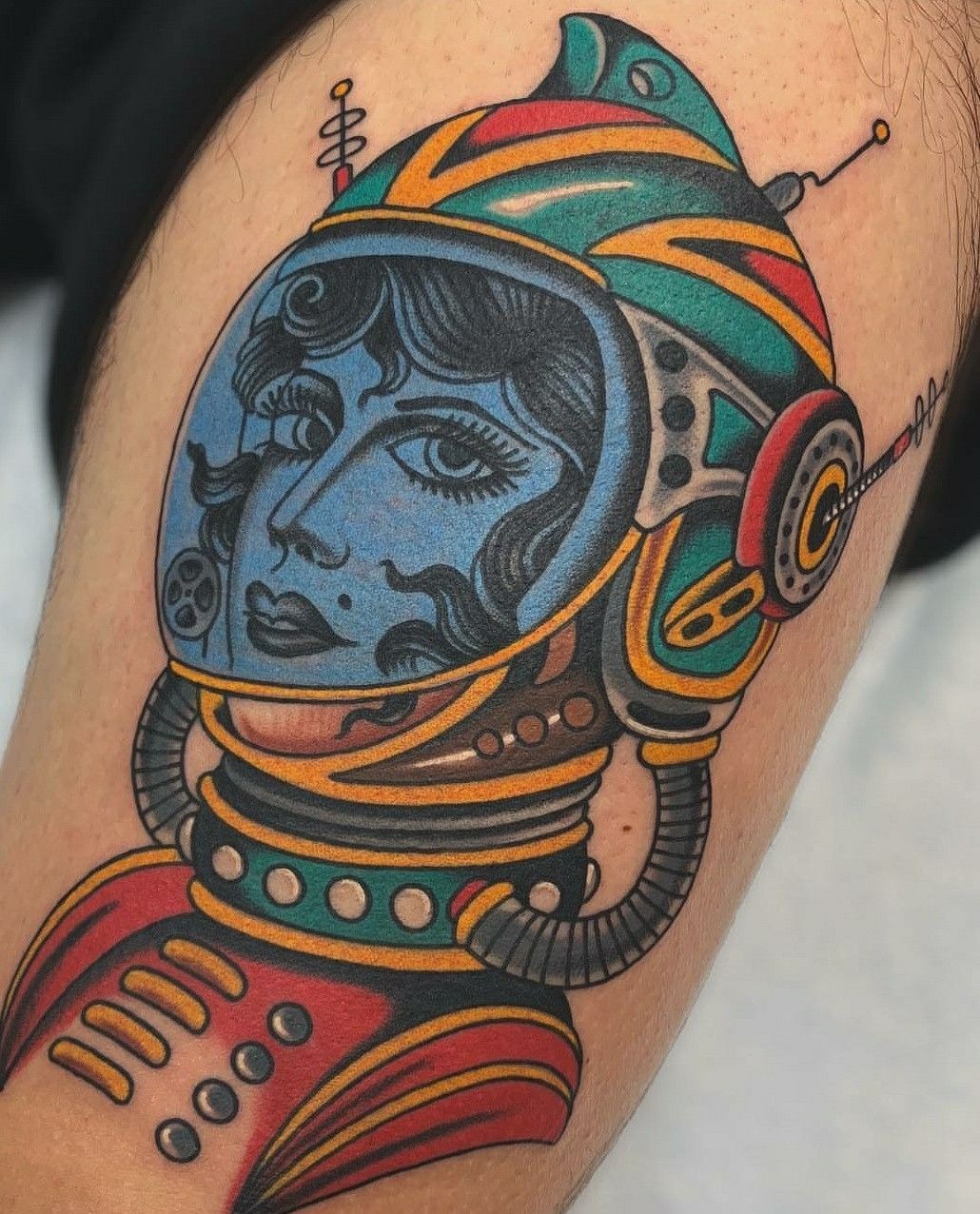 Detailed Cosmic Exploration Forearm Piece Tattoo Design