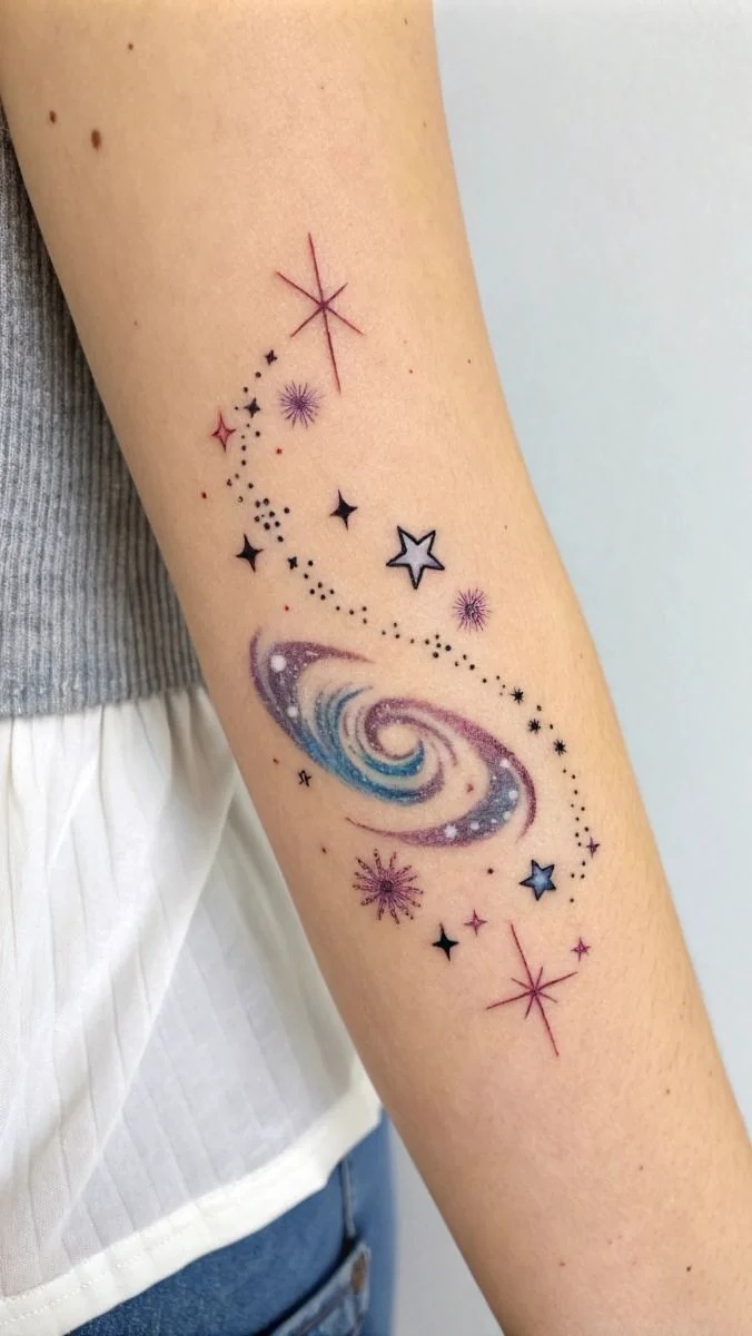 Fine Line Planetary Galaxy Trail Tattoo Design