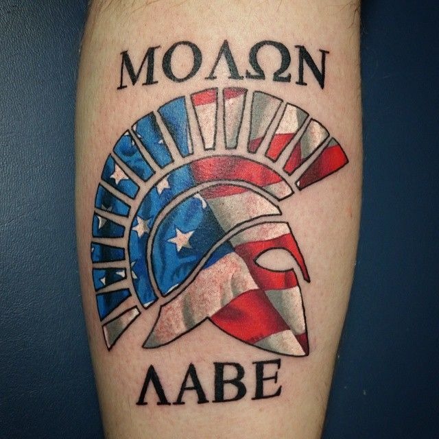 American Flag Spartan Helmet, a tattoo design rendered in clean detailed linework.