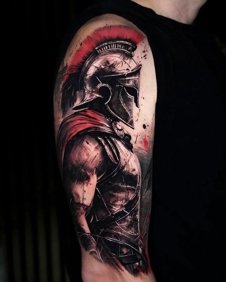 Blood-Red Spartan Warrior Tattoo, a tattoo design rendered in clean detailed linework for the sleeve.