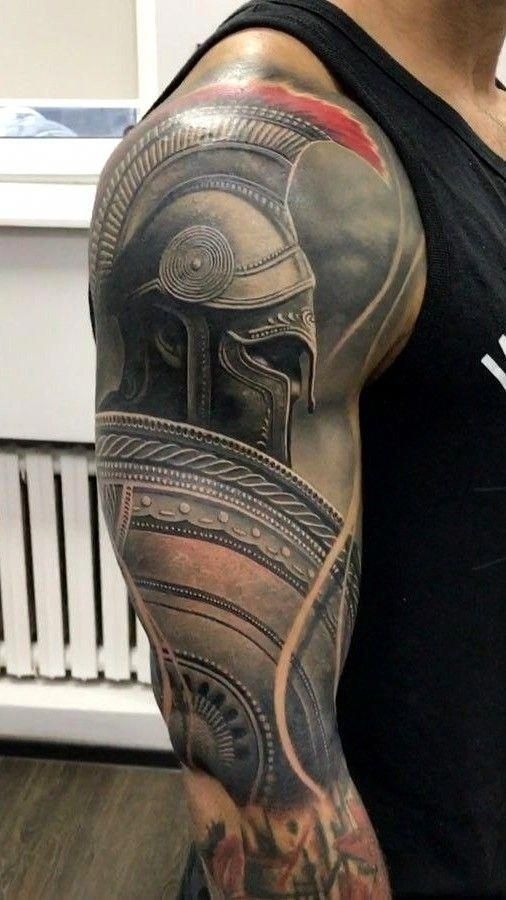 Classic Spartan Shield Tattoo, a tattoo design rendered in clean detailed linework for the arm.