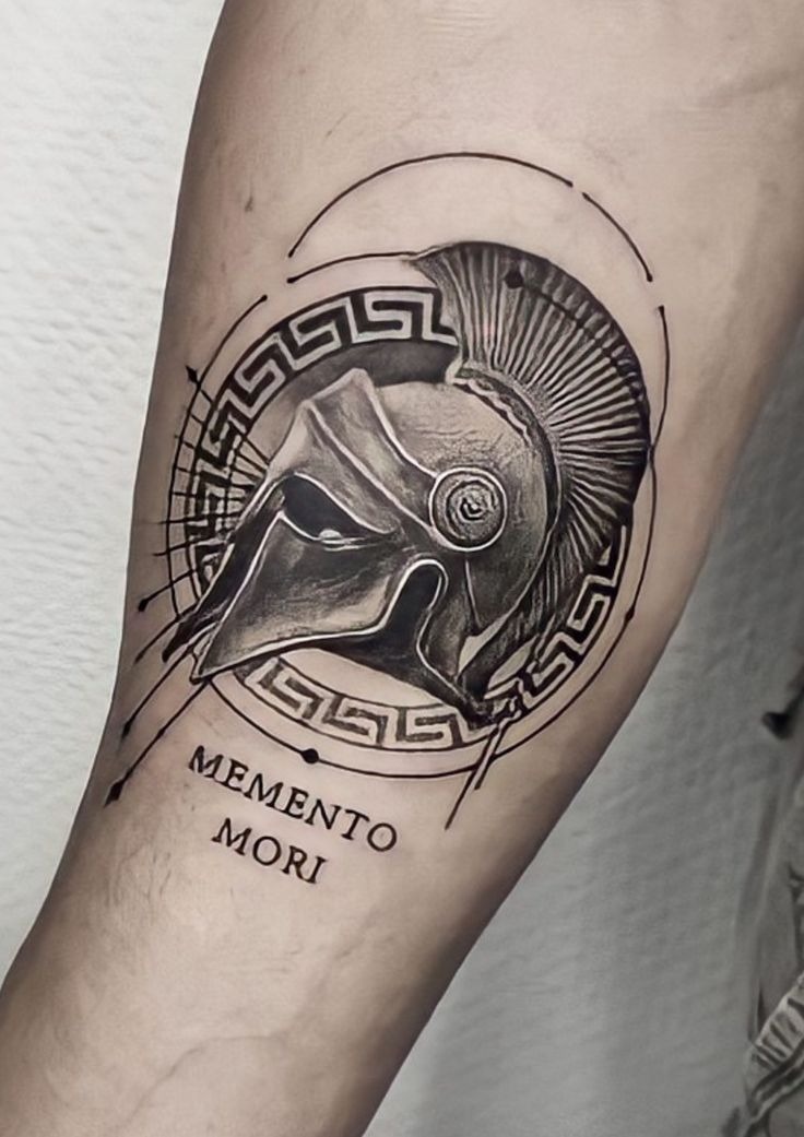 Detailed Memento Mori Spartan Tattoo, a tattoo design rendered in fine-line.