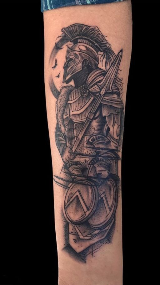 Full Spartan Warrior Forearm, a tattoo design rendered in clean detailed linework.