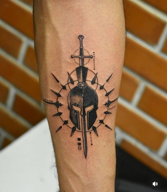 Geometric Spartan Sword and Helm, a tattoo design rendered in geometric.