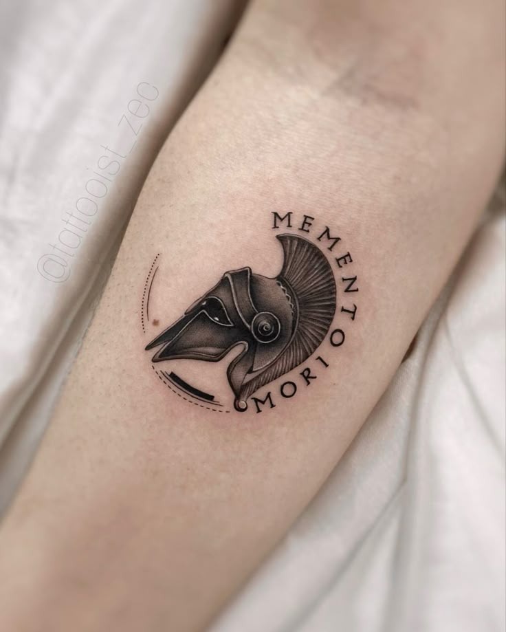 Memento Mori Spartan Helmet, a tattoo design rendered in clean detailed linework.
