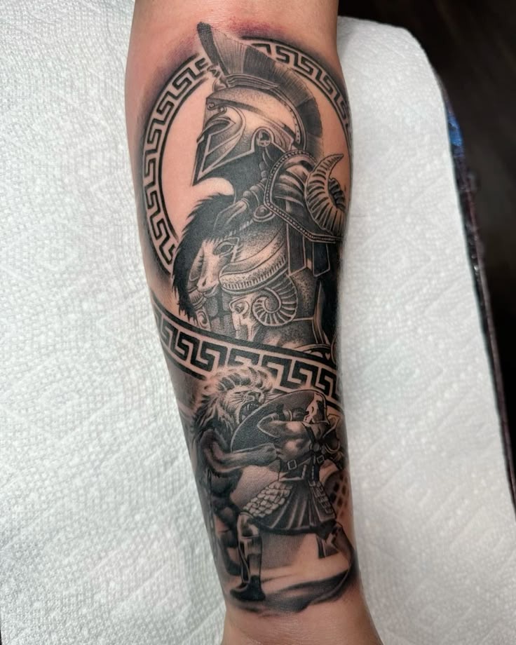 Mythical Battle Scene Tattoo, a tattoo design rendered in clean detailed linework for the arm.