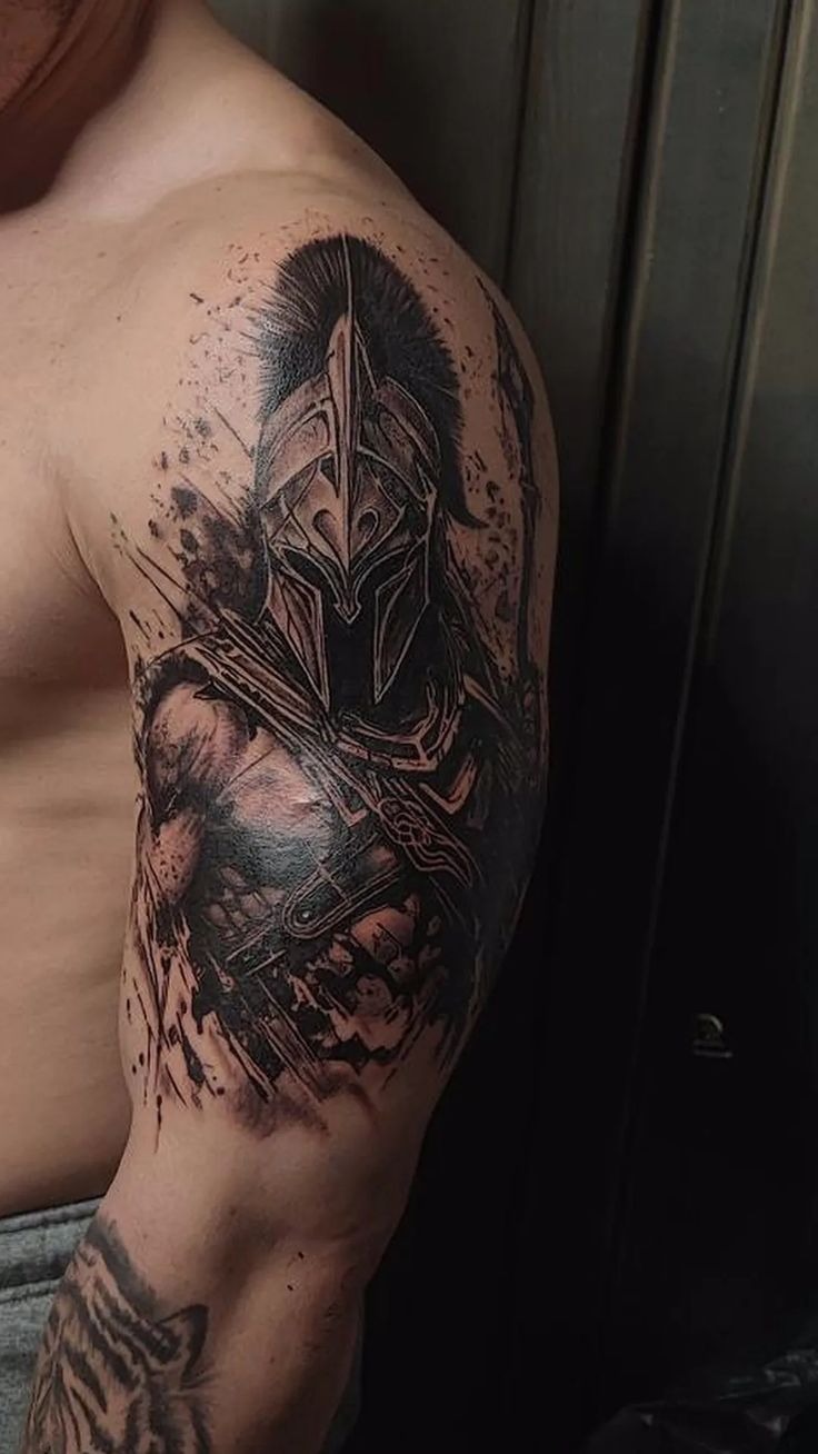 Shadow Spartan with Grunge Texture, a tattoo design rendered in clean detailed linework.