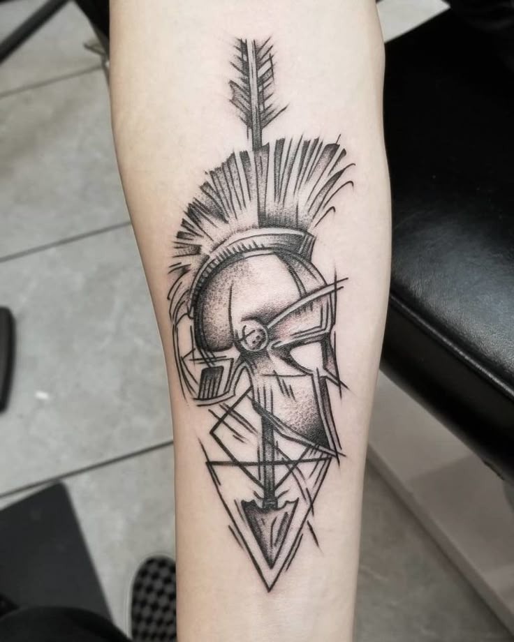Sketch-Style Spartan Helmet, a tattoo design rendered in sketch-style.