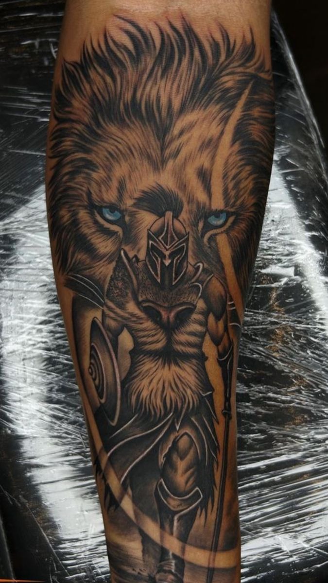 Spartan Lion Hybrid Tattoo, a tattoo design rendered in clean detailed linework.