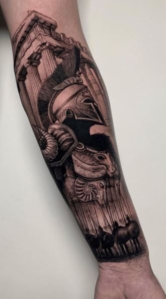 Spartan Over Temple Forearm Tattoo, a tattoo design rendered in clean detailed linework.