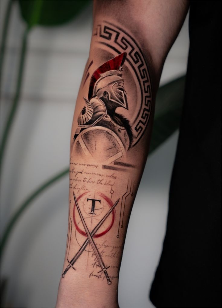Spartan Script and Symbol Tattoo, a tattoo design rendered in bold traditional for the hand.