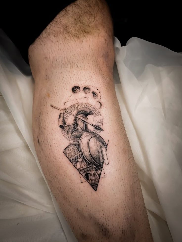 Spartan Warrior over Roman Ruins, a tattoo design rendered in geometric.