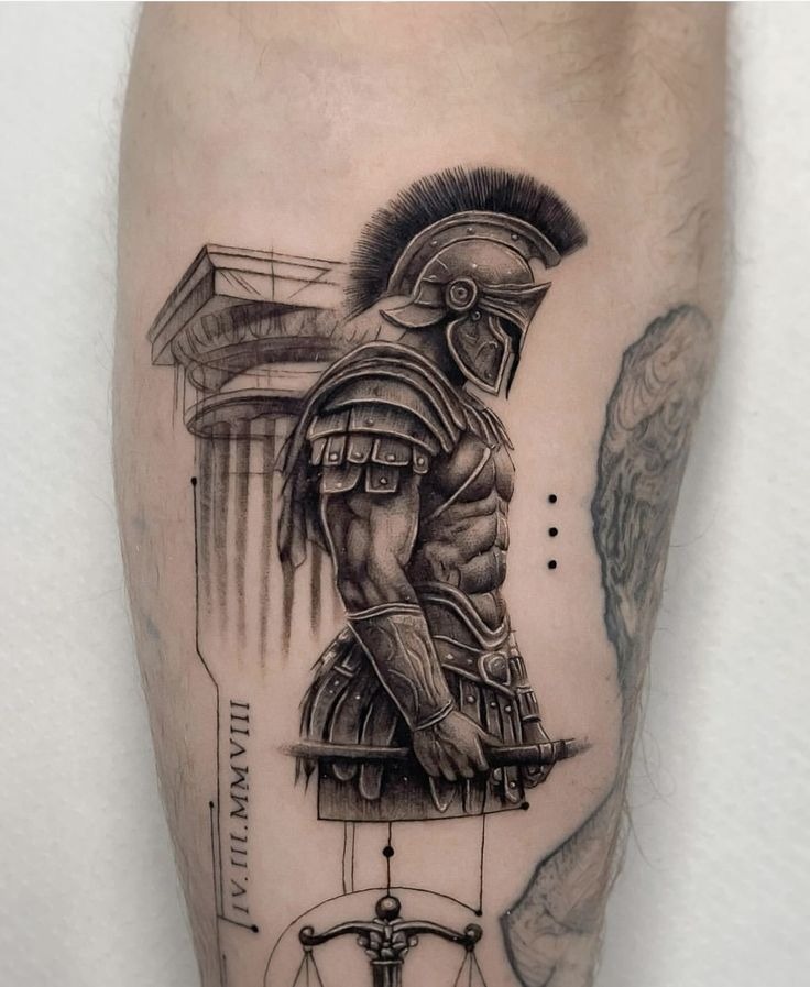 Spartan Warrior with Temple Background, a tattoo design rendered in minimalist fine-line.