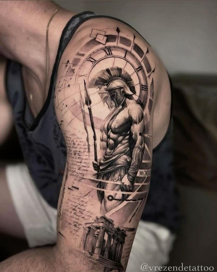 Time-Honored Spartan with Clockwork, a tattoo design rendered in clean detailed linework for the arm.