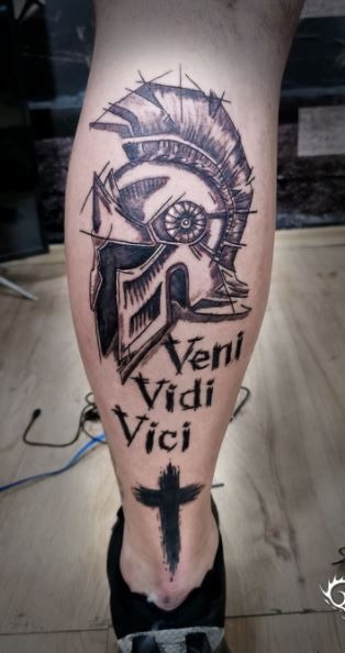 Veni Vidi Vici Spartan Calf Tattoo, a tattoo design rendered in clean detailed linework.