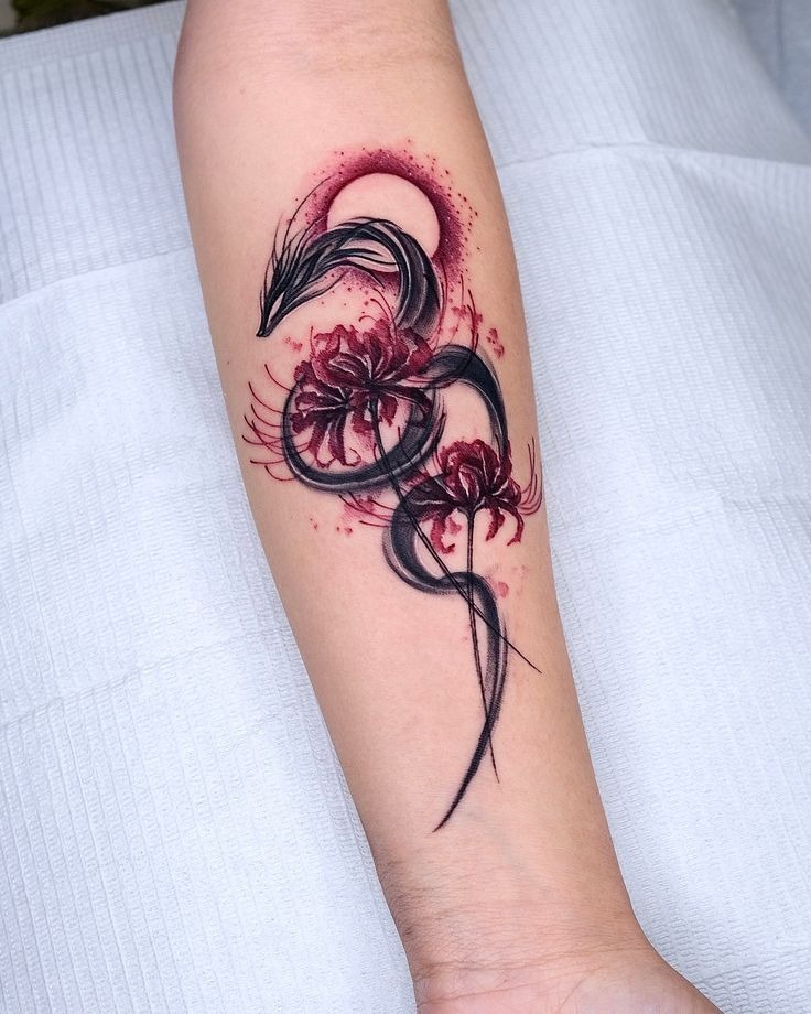 Black Snake and Crimson Lilies Tattoo Design