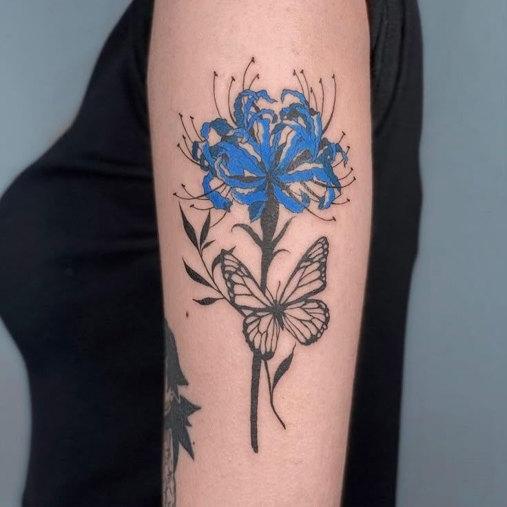 Blue Spider Lily with Butterfly Tattoo Design