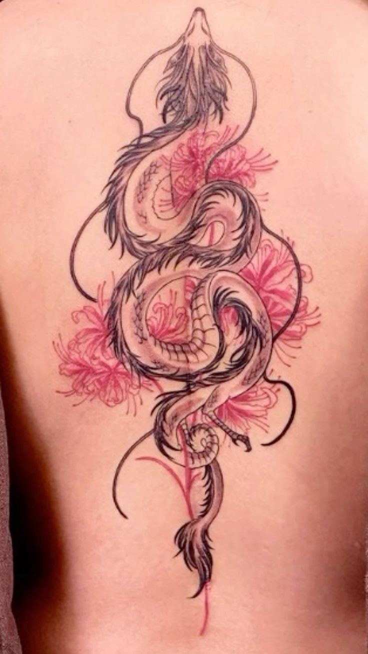 Dragon with Spider Lilies Tattoo Design