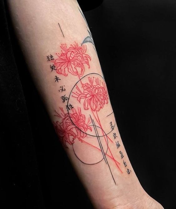 Geometric Red Lilies with Script Tattoo Design
