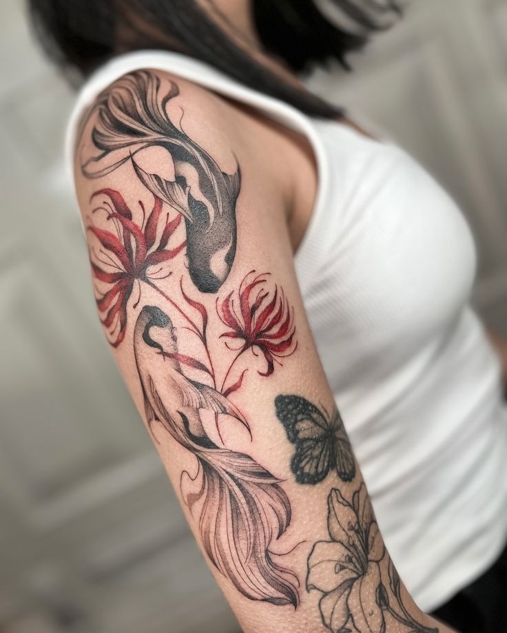 Koi Fish and Spider Lilies Sleeve Tattoo Design