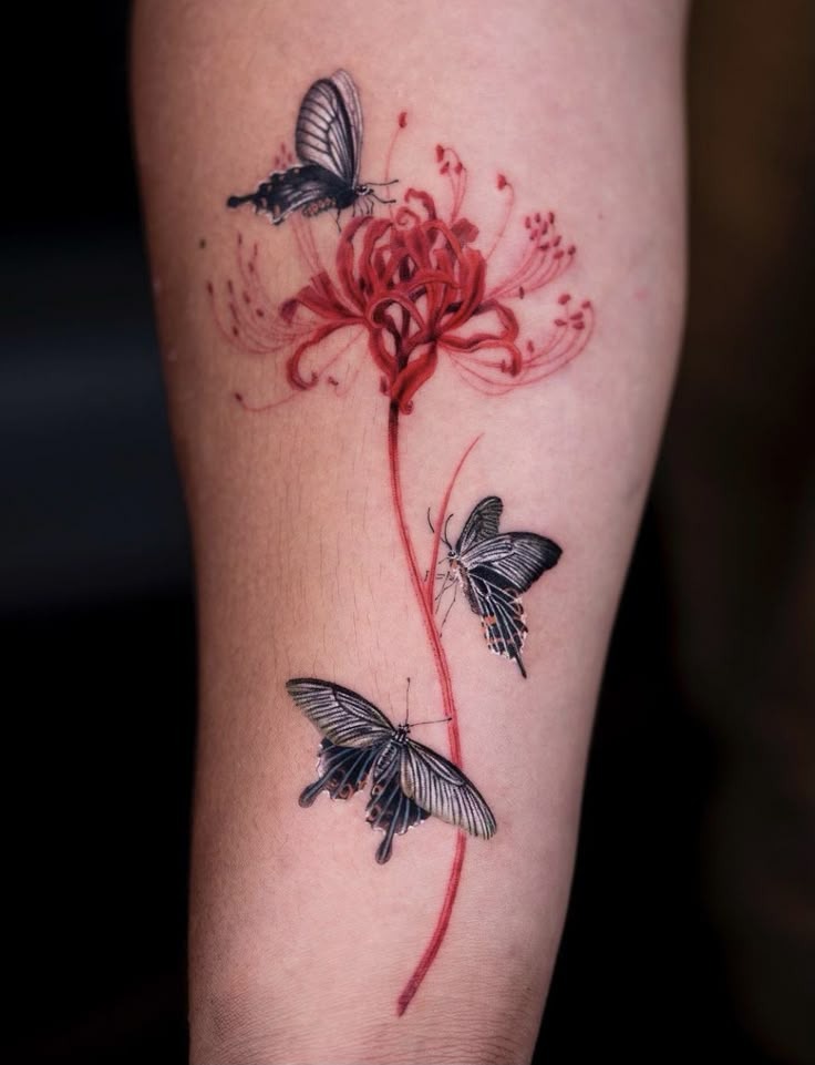 Red Lily with Floating Butterflies Tattoo Design