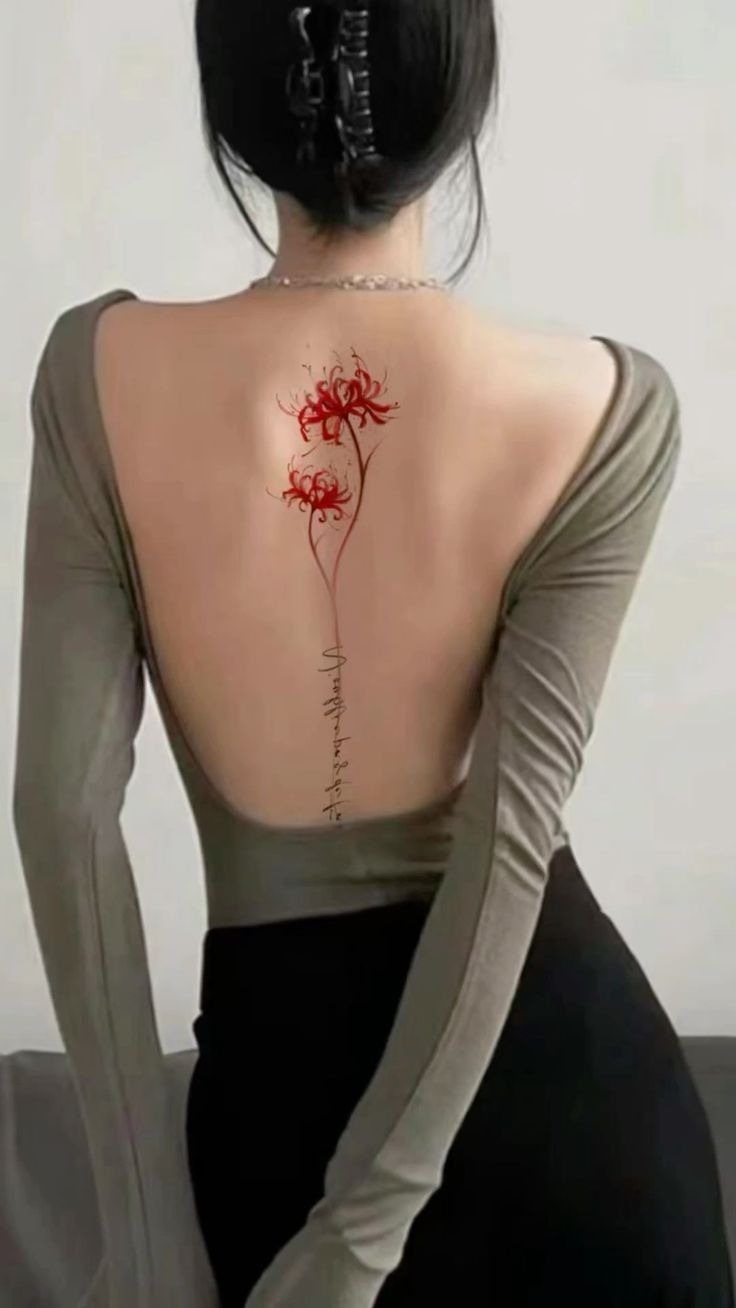 Red Spider Lilies with Script on the Spine Tattoo Design