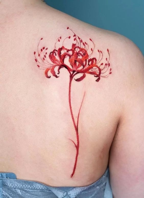 Single Red Lily on the Shoulder Blade Tattoo Design