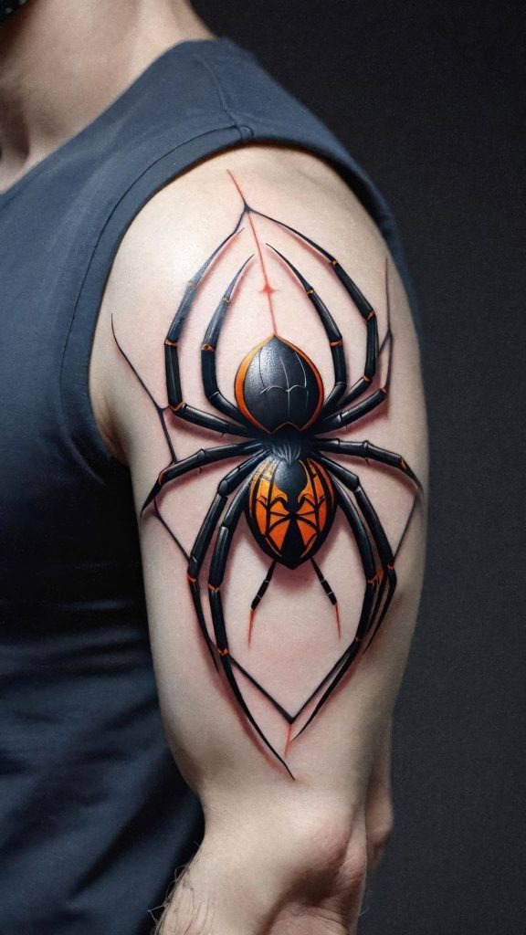 Bold Black and Red Shoulder Spider Tattoo Design