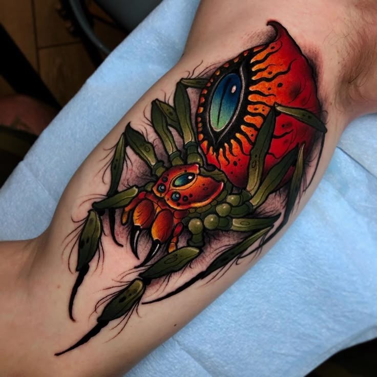 Colorful All-Seeing Eye Spider Tattoo Design