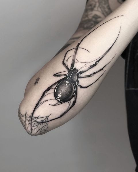 Elegant Forearm Spider With Web Tattoo Design
