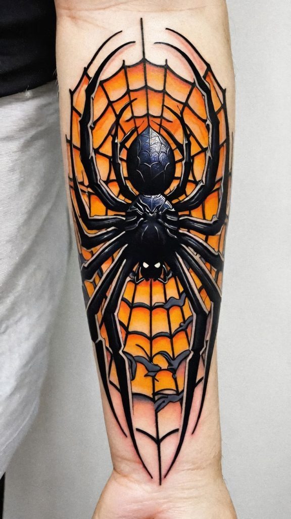 Gothic Spider Over a Fiery Web Tattoo Design