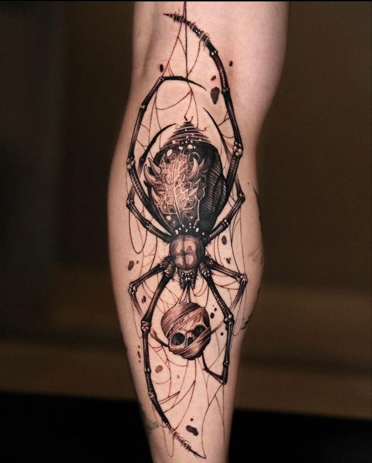 Leg Spider With Skull Motif Tattoo Design