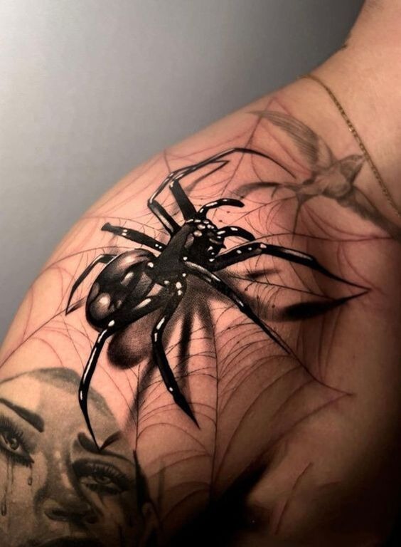 Realistic Black Widow Shoulder Tattoo Tattoo Design