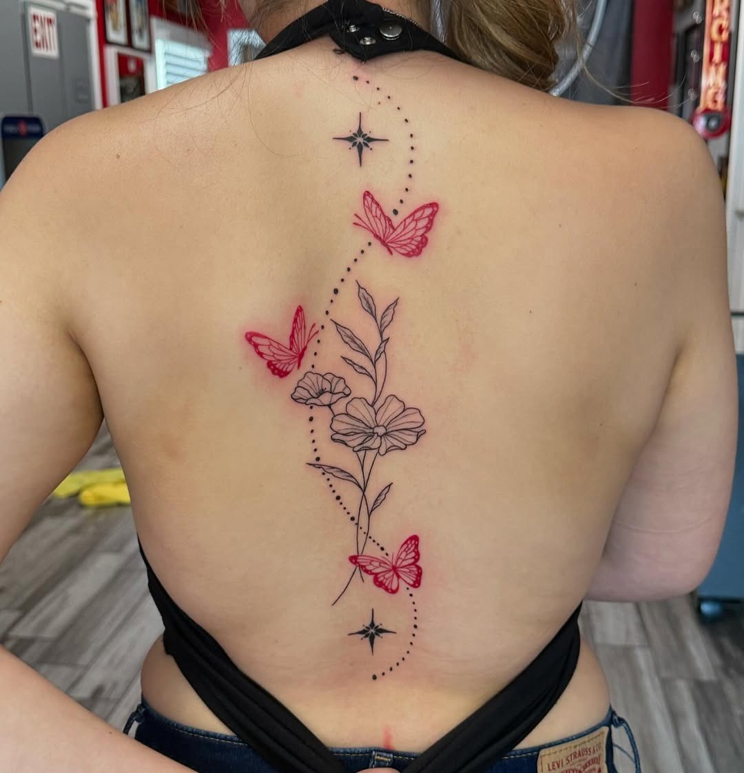 Elegant spine tattoo with butterflies and flowers Tattoo Design