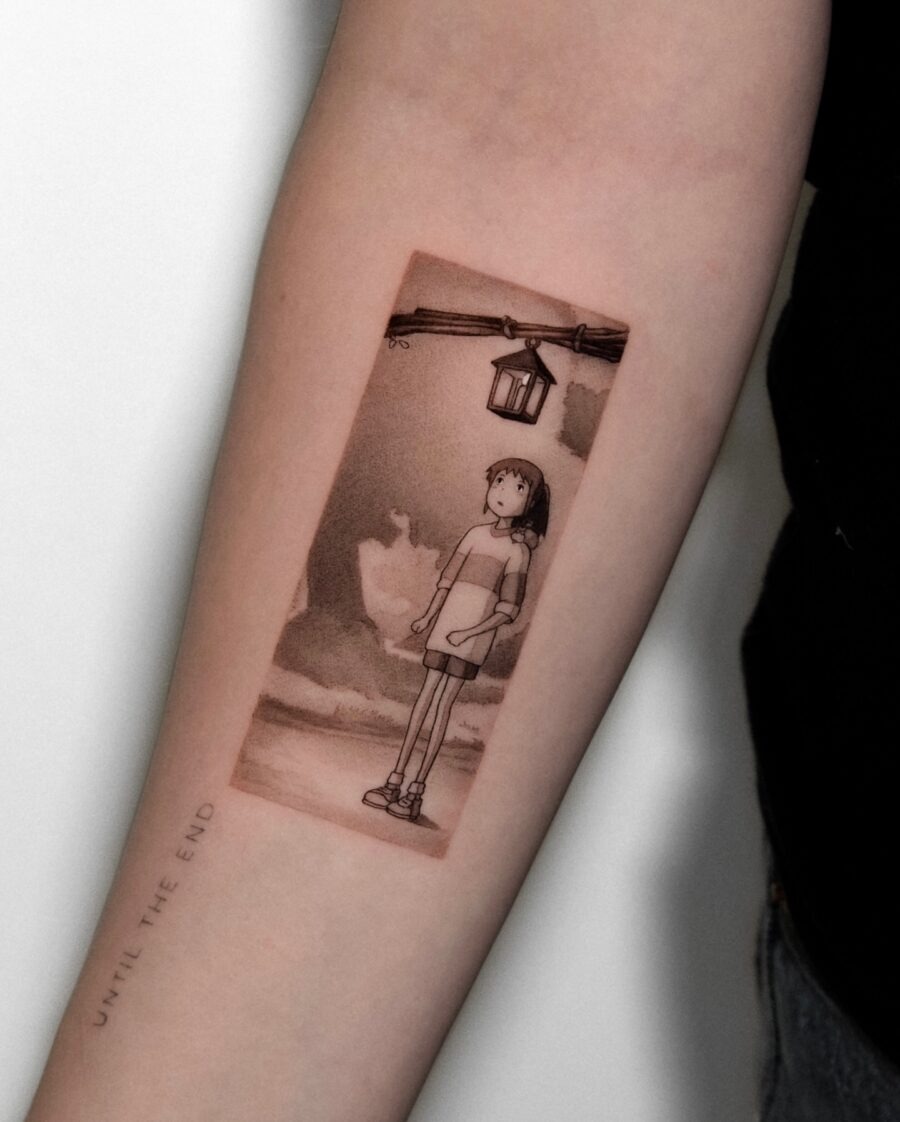 Charming depiction of Chihiro under a lantern Tattoo Design