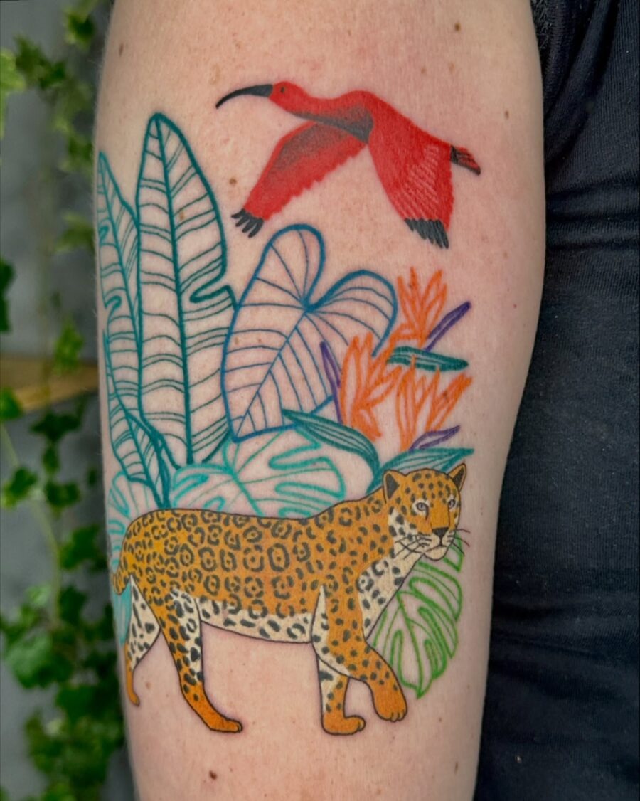 Colorful leopard and bird tattoo design Tattoo Design