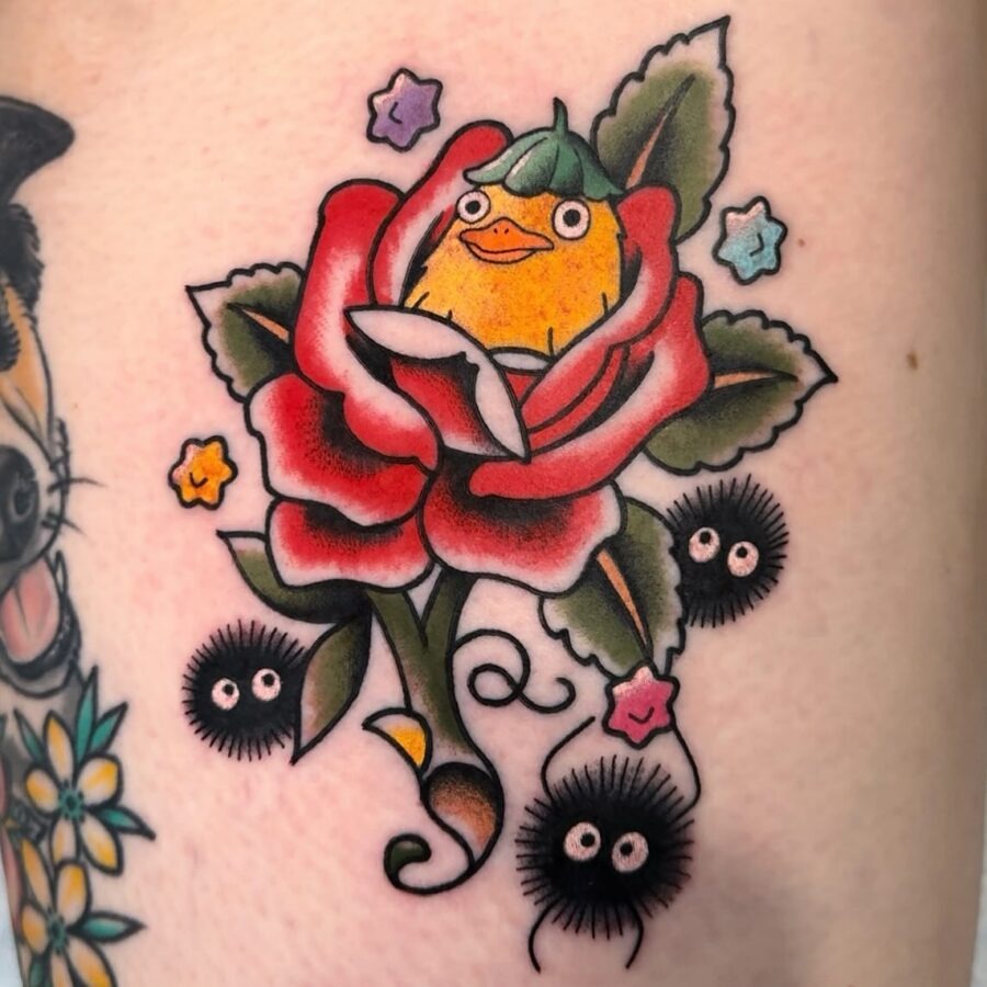 Colorful Spirited Away Rose and Character Tattoo Tattoo Design