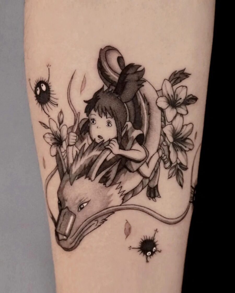 Dynamic depiction of Chihiro and Haku in tattoo Tattoo Design