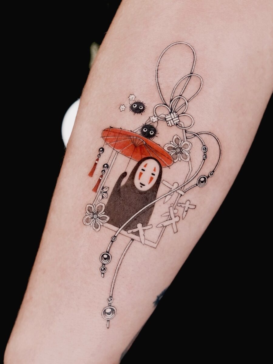 Elegant No-Face Tattoo with Parasol Charm Tattoo Design