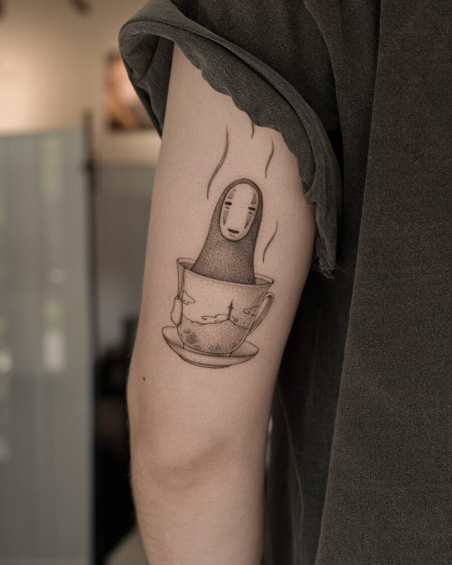Elegant No-Face Tattoo with Tea Cup Design Tattoo Design