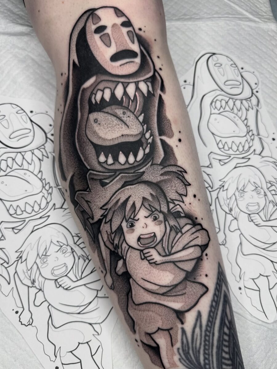 Emotive tattoo of No Face and Chihiro Tattoo Design