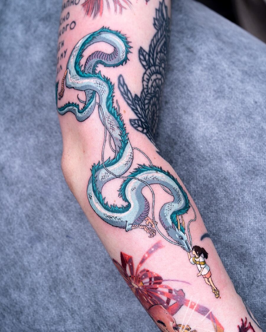 Enchanting Spirited Away Tattoo Featuring a Dragon Tattoo Design
