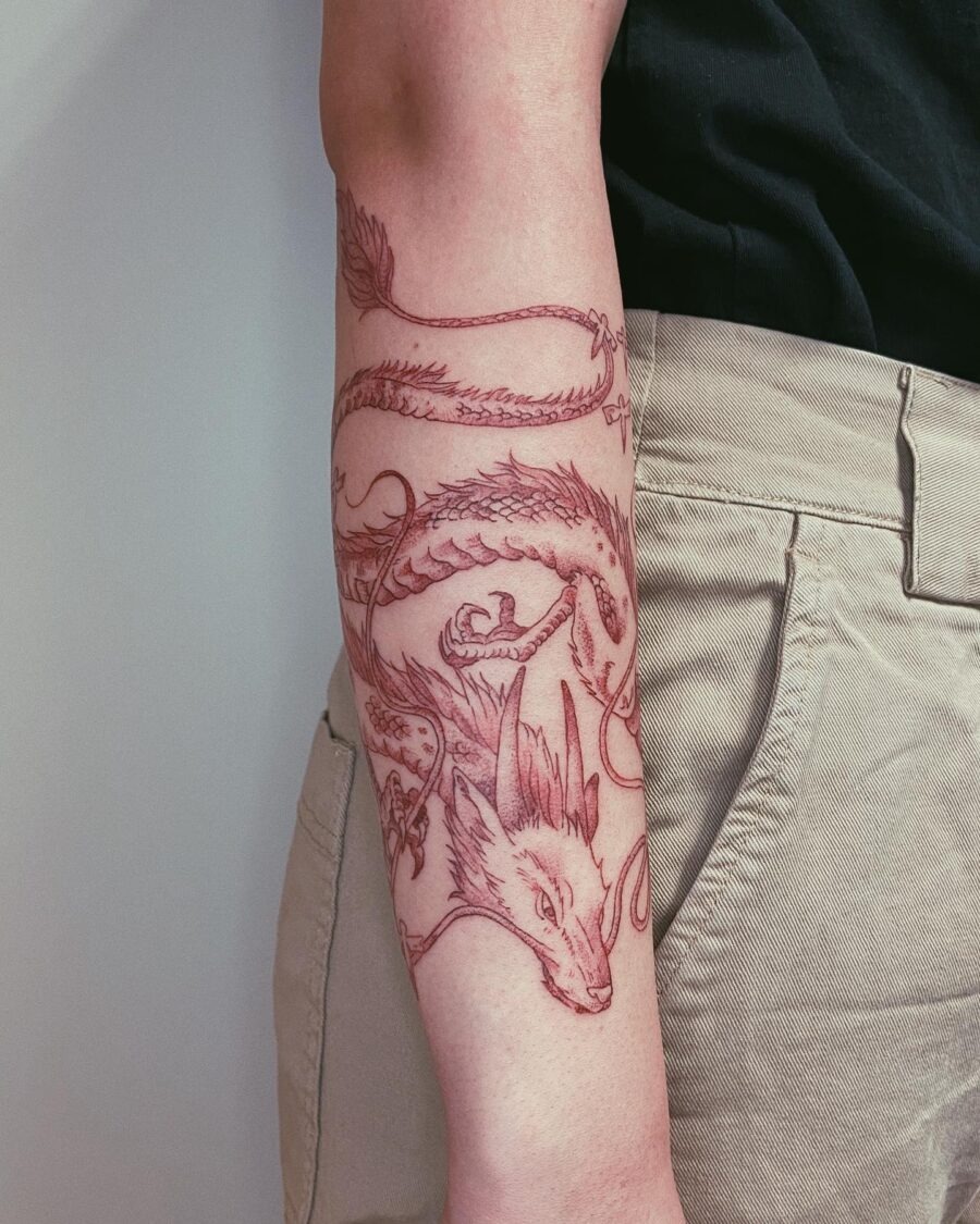 Intricate Spirited Away Dragon and Fox Tattoo Tattoo Design