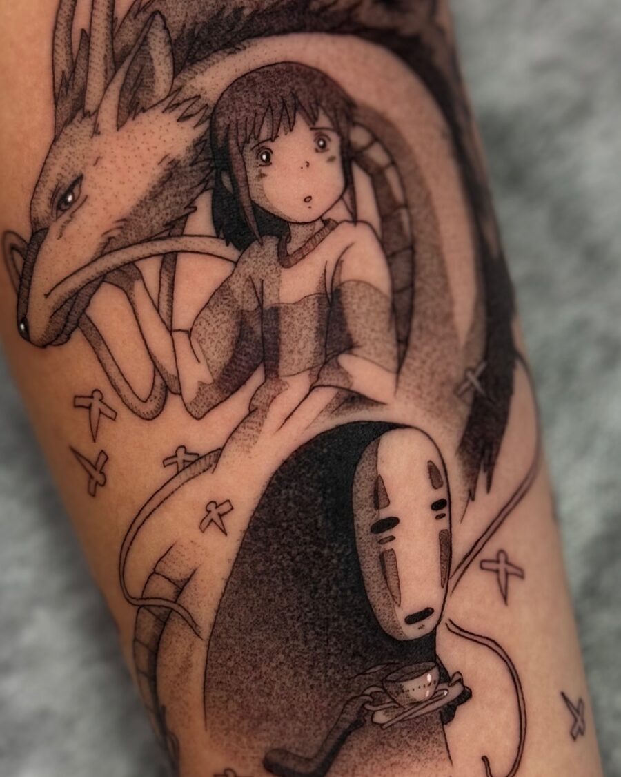 Intricate Spirited Away tattoo featuring key characters Tattoo Design