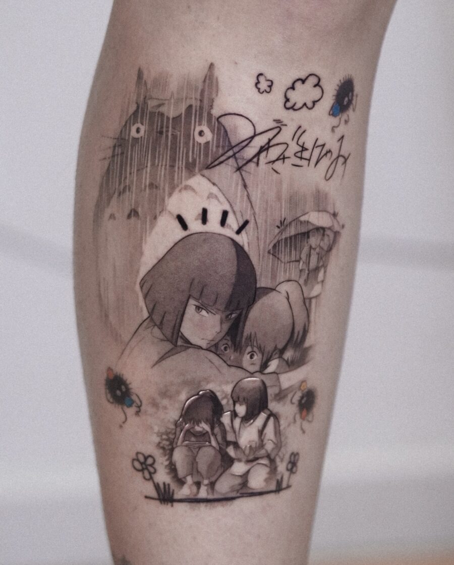 Intricate Spirited Away Tattoo with Chihiro and Haku Tattoo Design